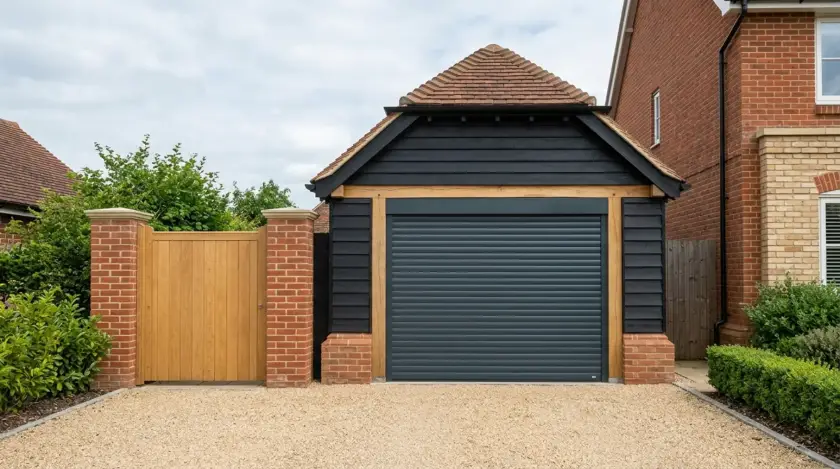 Oak-framed garage, anthracite roller door.