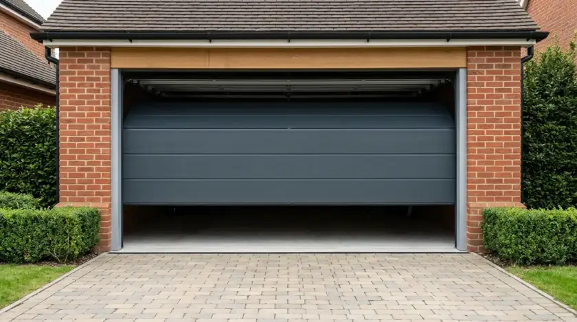 Open anthracite sectional garage opening.